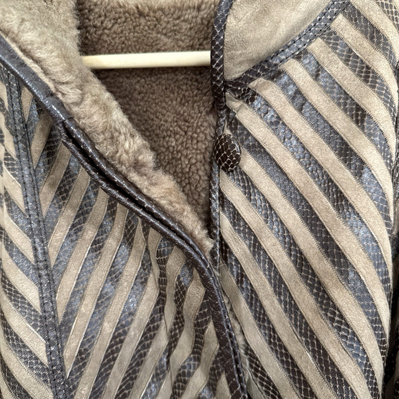 Vintage Suede & Embossed Leather Shearling Coat Tan Brown Boho Size 42 (M/L) - Picture 5 of 16